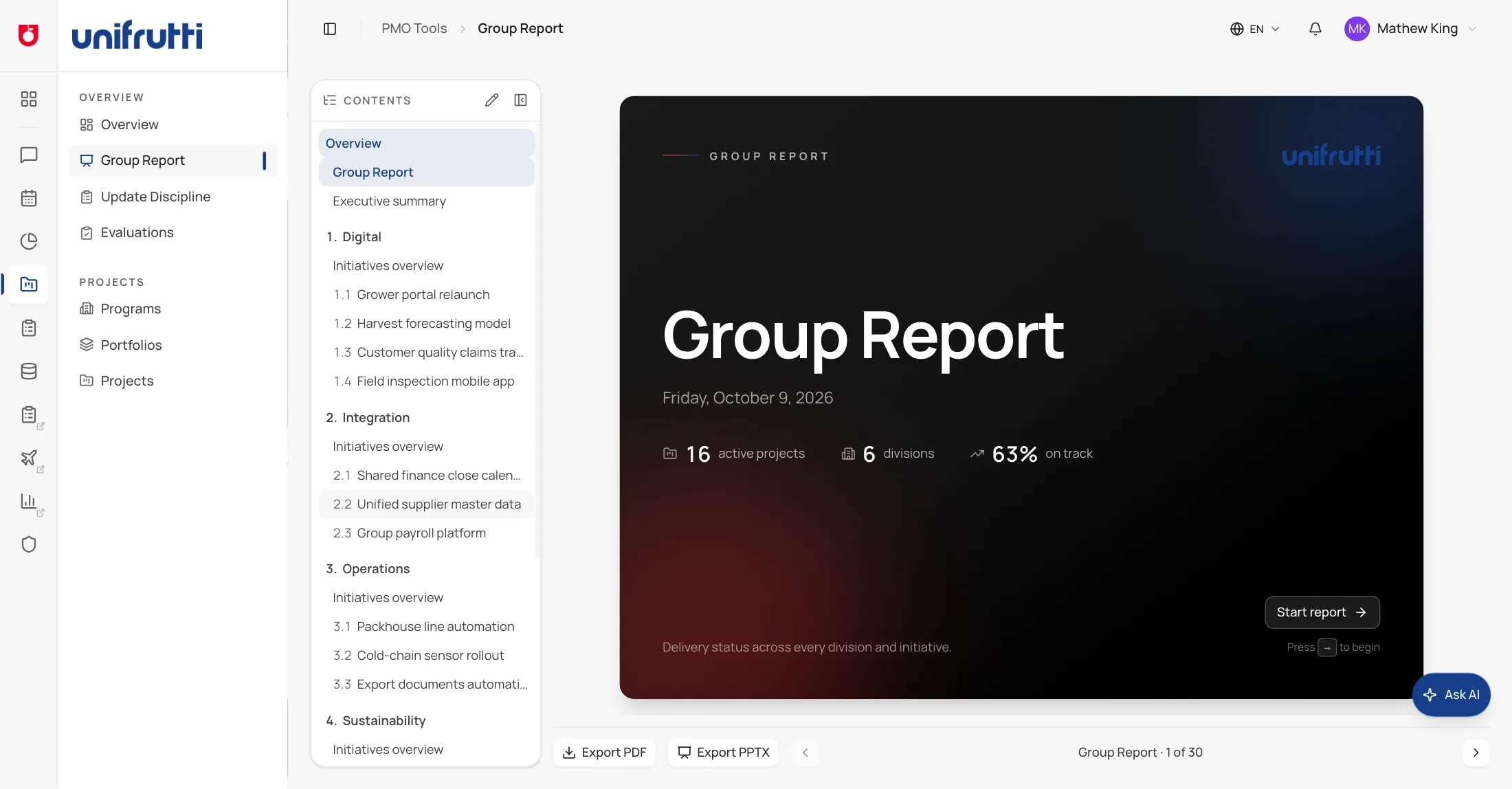 The Group Report: a contents list of divisions and initiatives beside a cover slide showing active projects, divisions and the share on track, with PDF and PPTX export buttons.